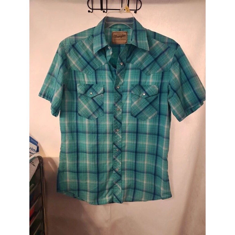 Wrangler Men’s Teal Plaid Short Sleeve Pearl Snap Western Shirt Size M